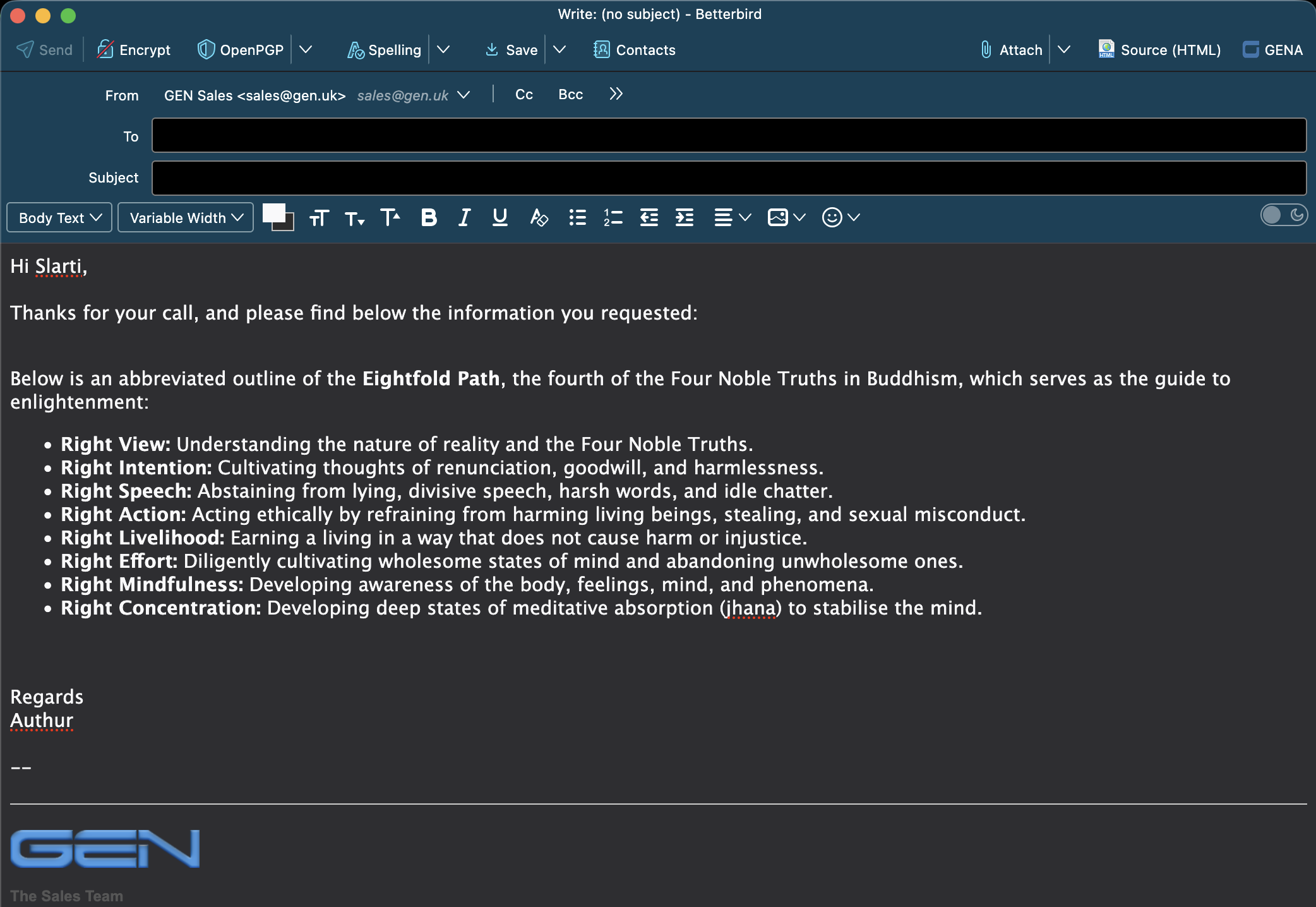 Compose editor showing the %instruction replaced with generated content