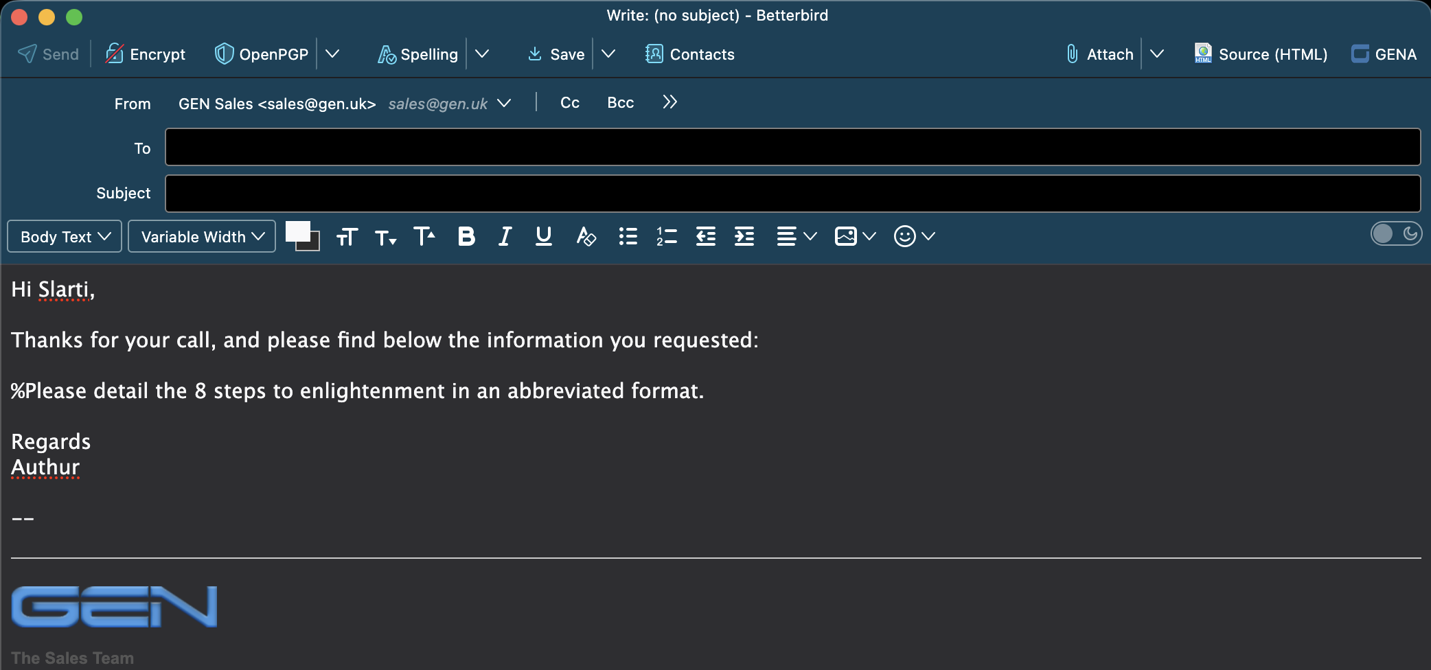 Compose editor with a %instruction line before GENA processing