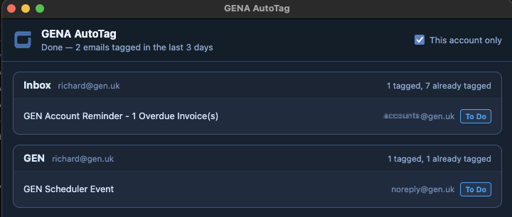 GENA AutoTag results showing tagged emails