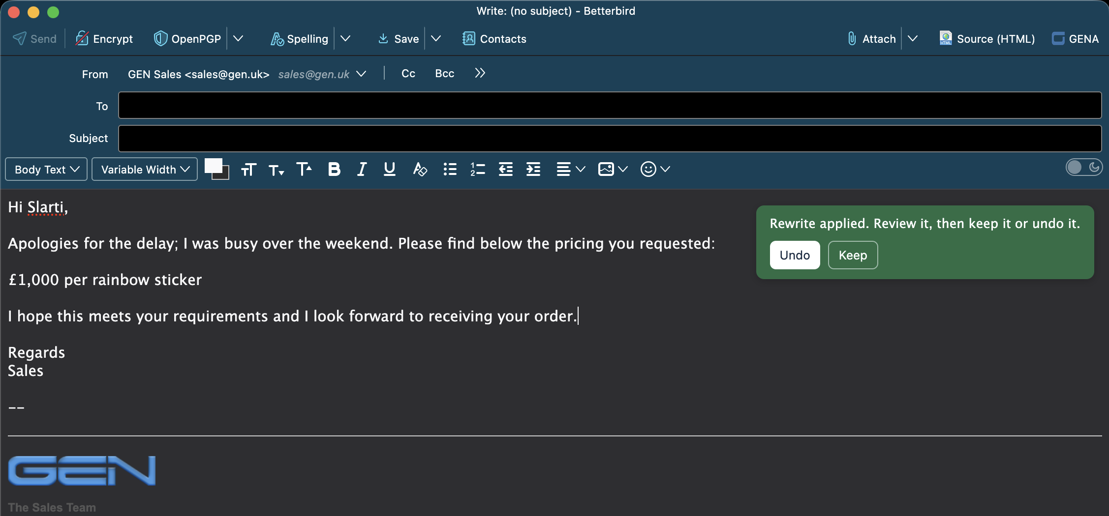 Compose editor showing professionally rewritten email text