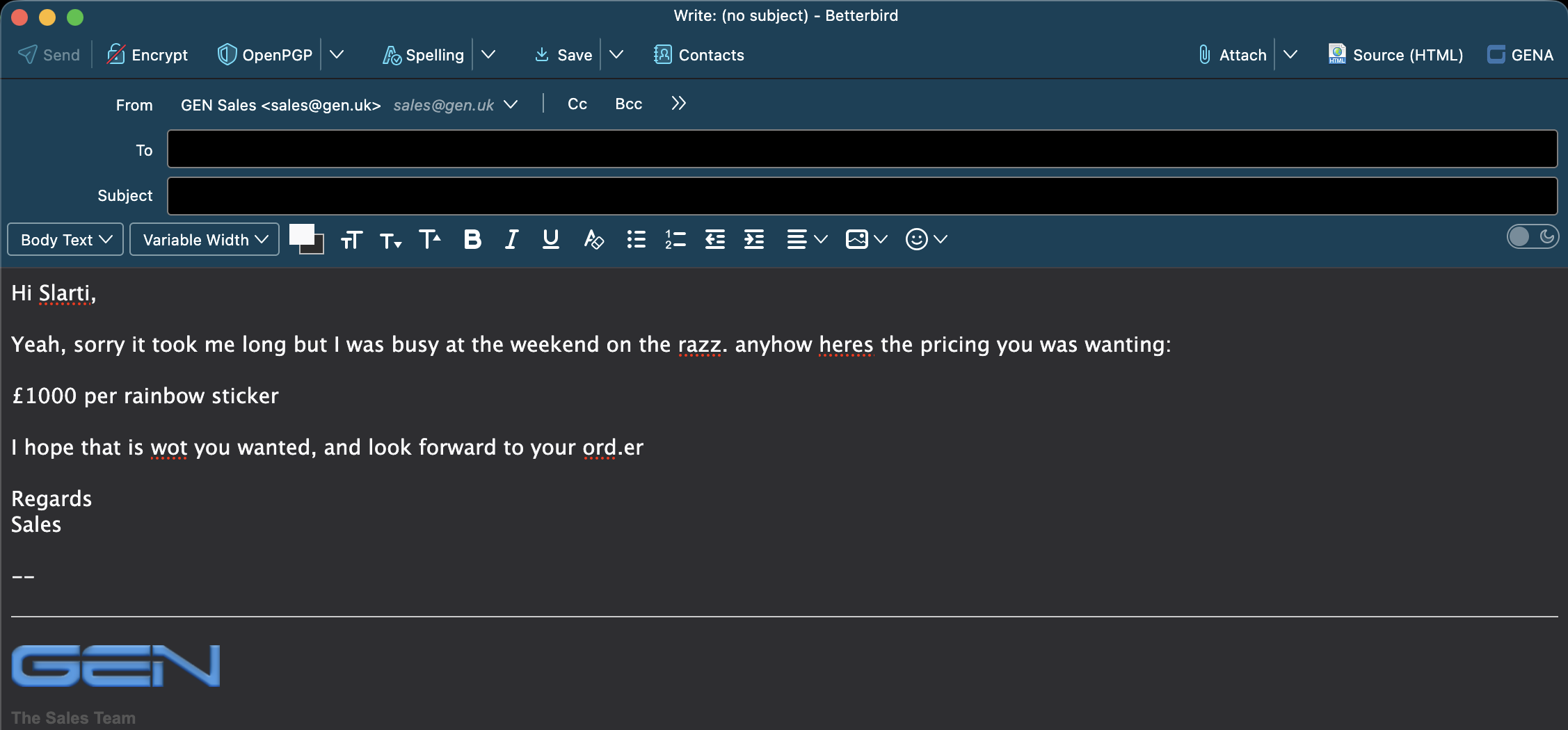 Compose editor showing poorly written email text