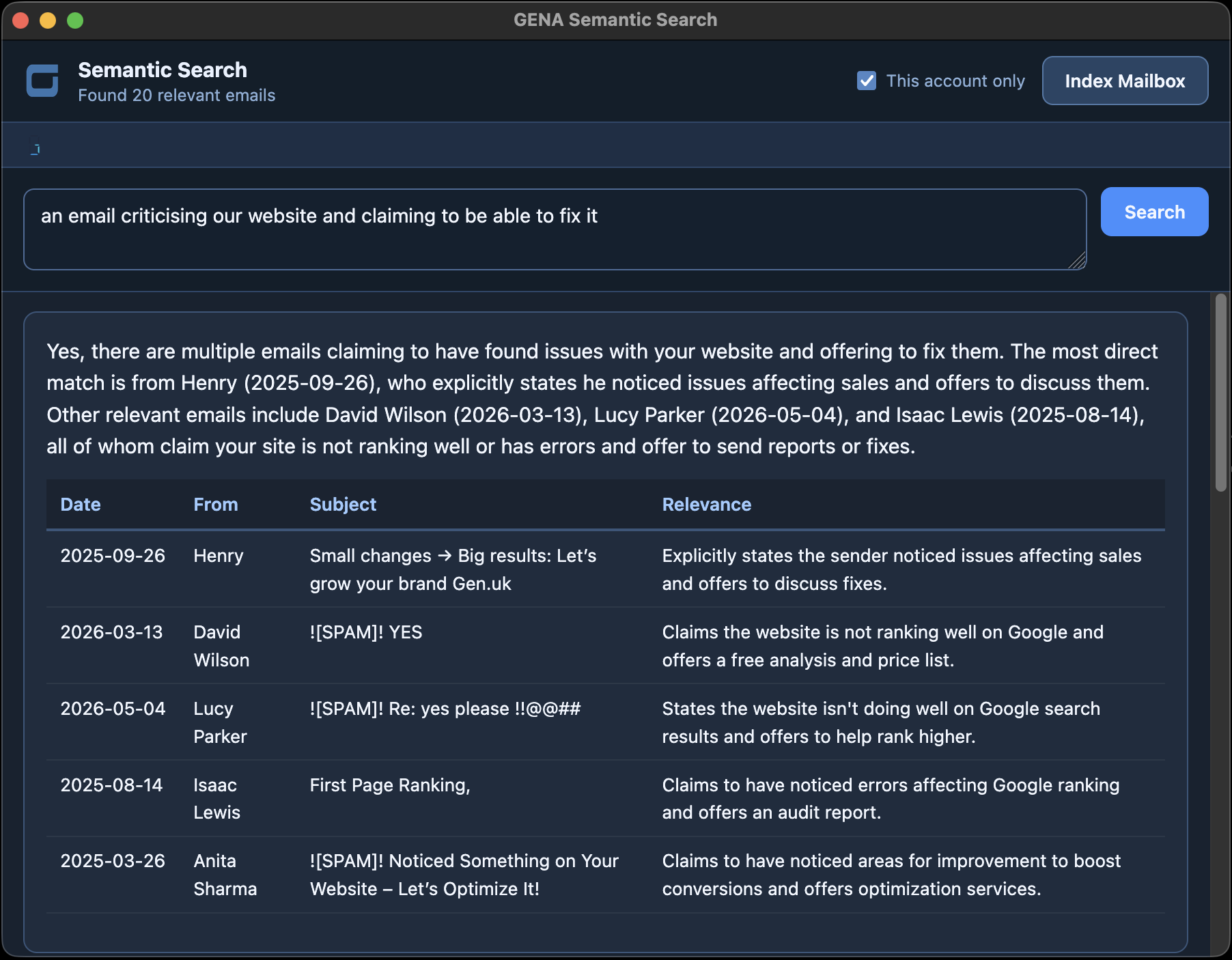 GENA Semantic Search showing a natural language query and results table