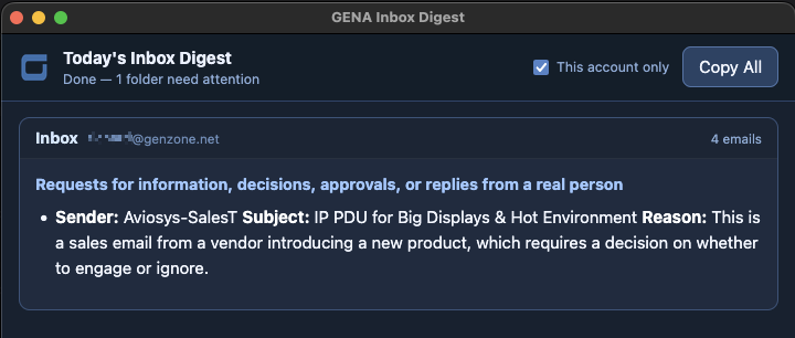 GENA Inbox Digest showing emails needing attention